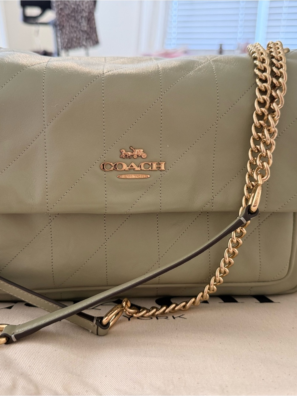 Coach Quilted Shoulder Bag in Sage Green with Gold Chain